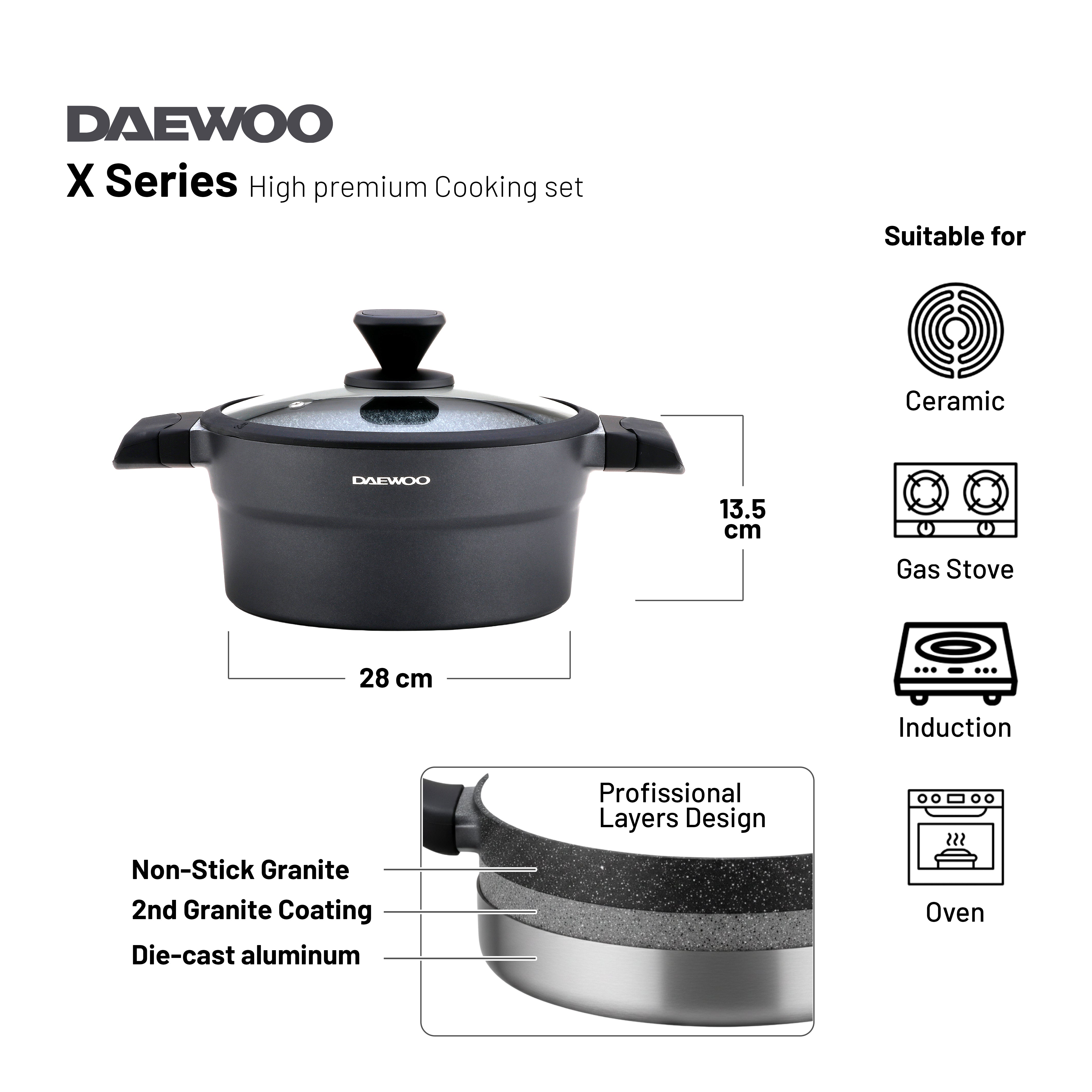 Daewoo Granite Casserole with Lid - 28 cm - Black