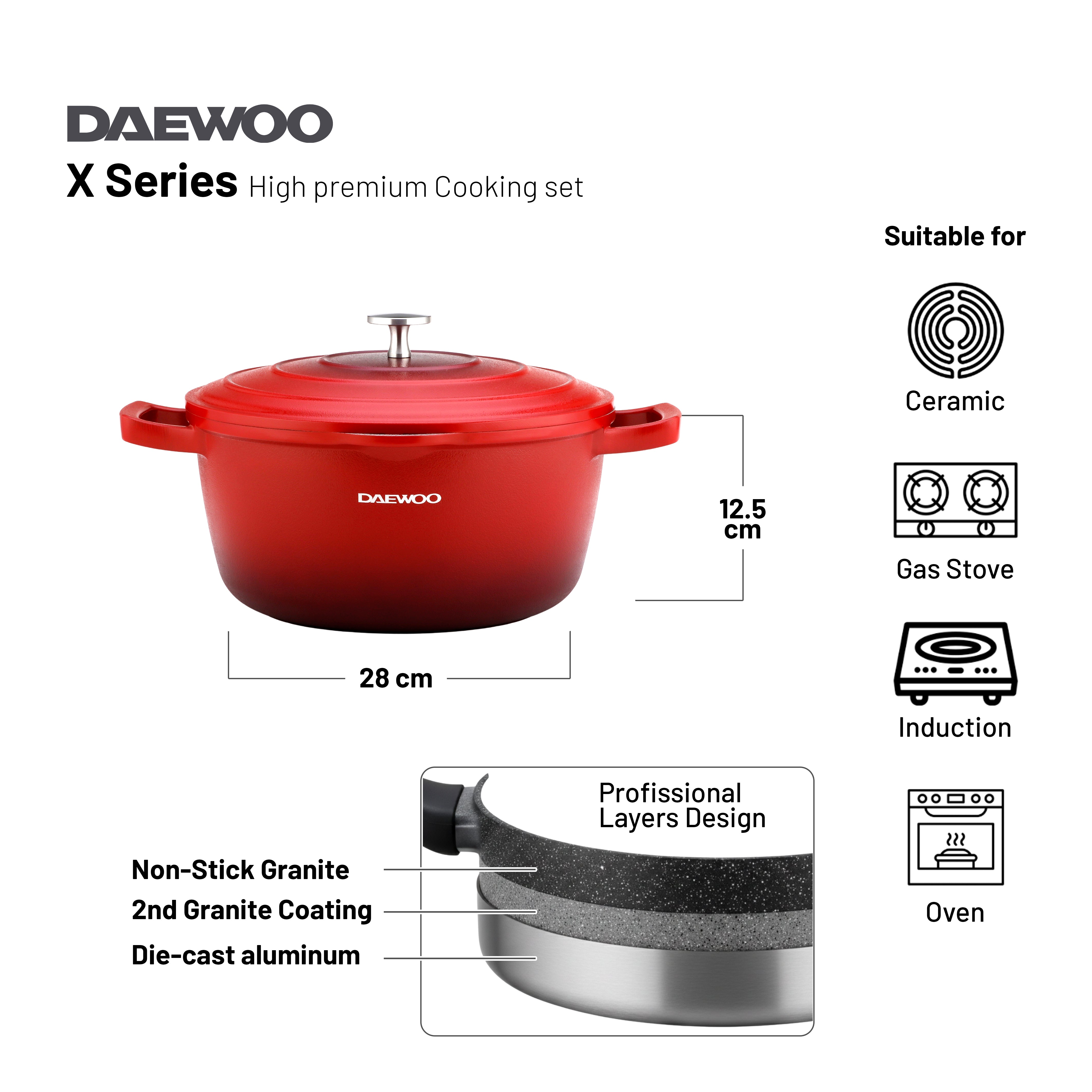 Daewoo Granite Casserole with Lid - Size 28 cm - Red