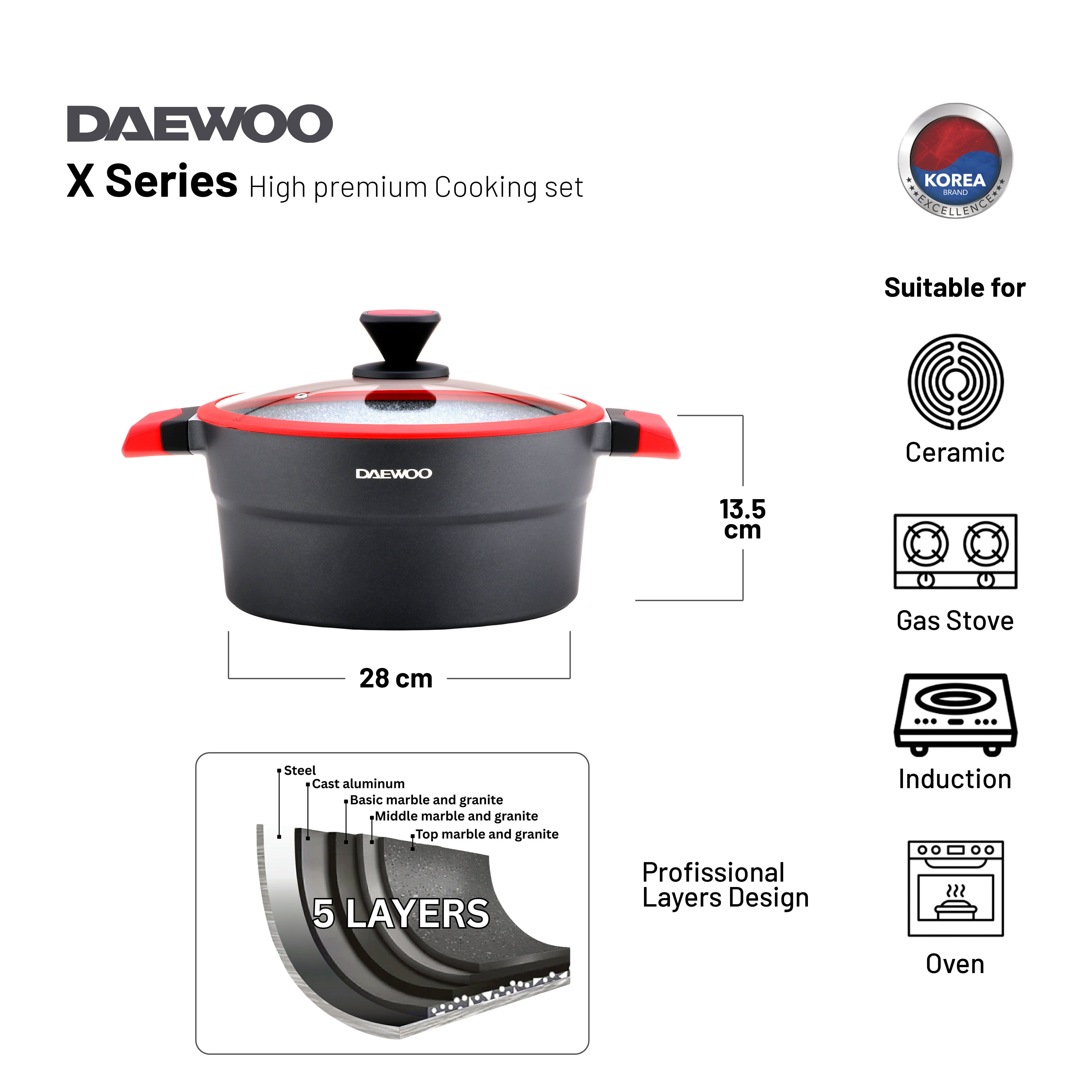 Daewoo 24 cm Granite Pot X Series - Red/Black