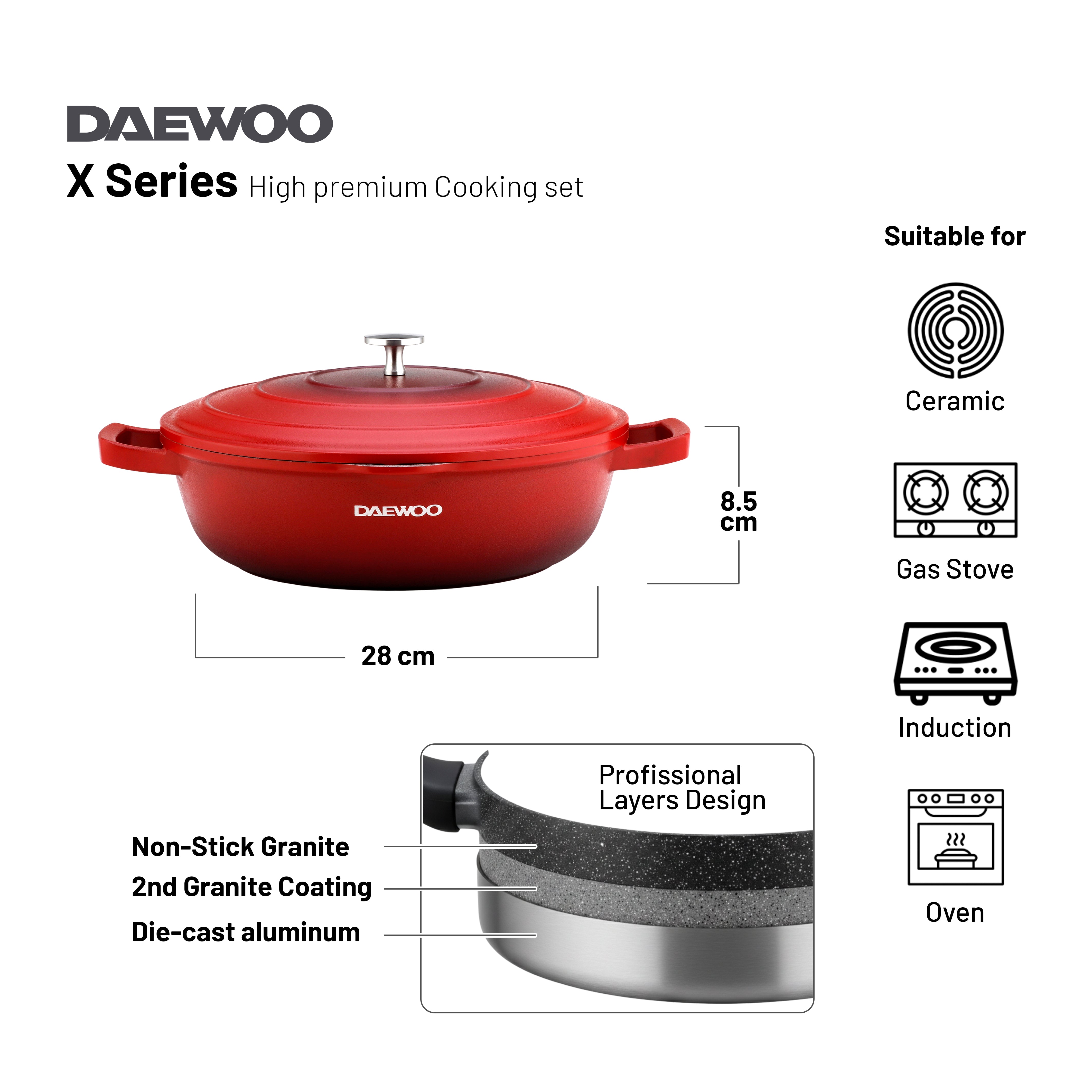 Daewoo 28 cm Shallow Granite Casserole with Lid - Red