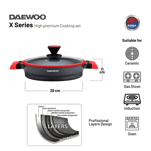 Daewoo 28 cm Shallow Granite Casserole with Lid - Red/Black
