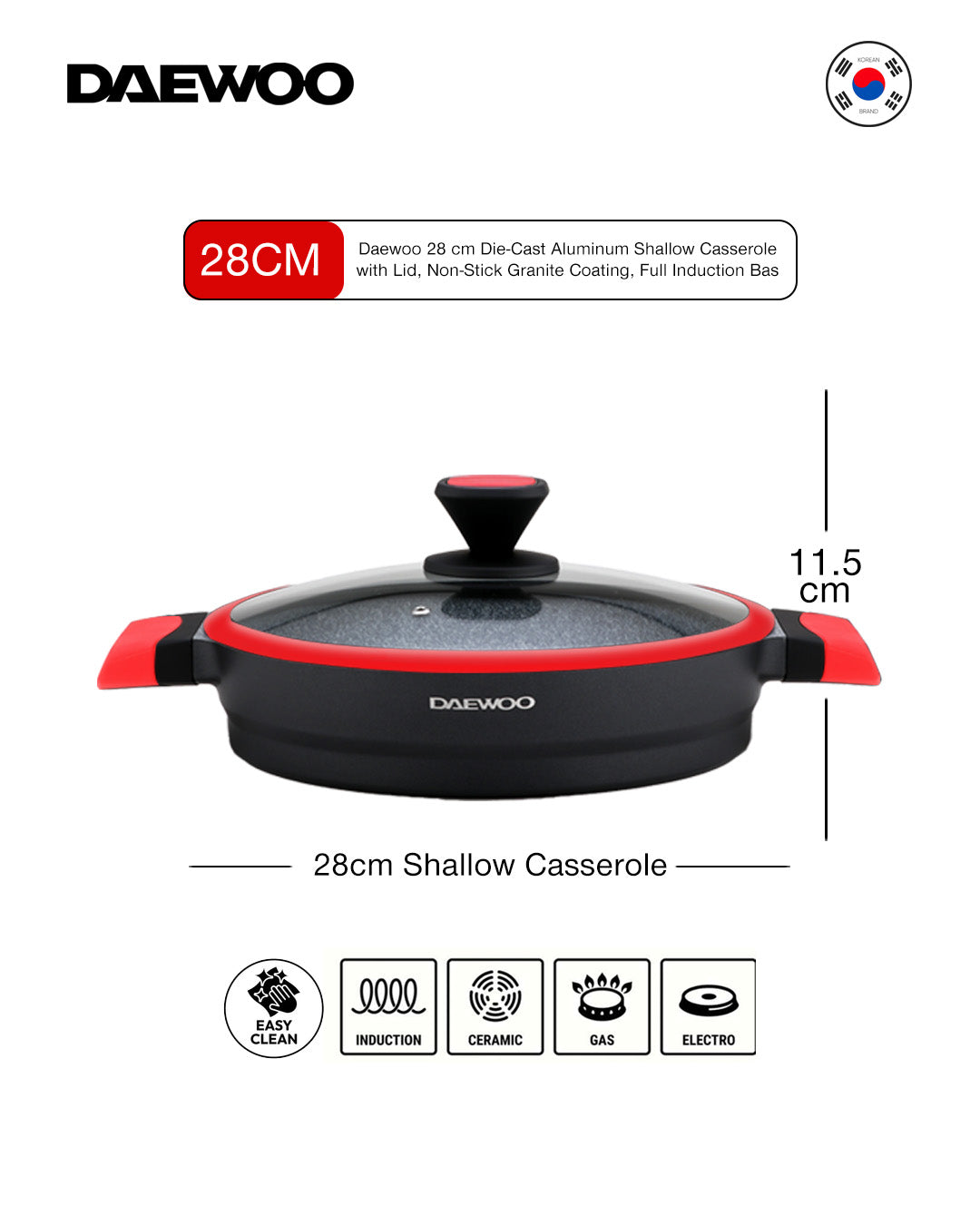 Daewoo 28 cm Die-Cast Aluminum Shallow Casserole with Lid, Non-Stick Granite Coating, Full Induction Base, Handle – Dual-Color Silicone Grip with Soft-Touch Bakelite Core, Silicone Utensils & Pot Protectors, Red-black, Chemical-Free