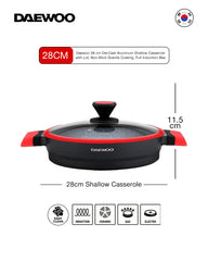 Daewoo 28 cm Die-Cast Aluminum Shallow Casserole with Lid, Non-Stick Granite Coating, Full Induction Base, Handle – Dual-Color Silicone Grip with Soft-Touch Bakelite Core, Silicone Utensils & Pot Protectors, Red-black, Chemical-Free