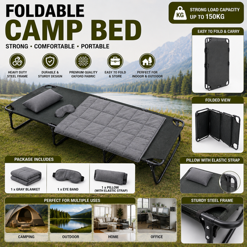 Heavy Duty Foldable Camping Bed 190 x 72 x 28 cm, with 150Kg Load Capacity