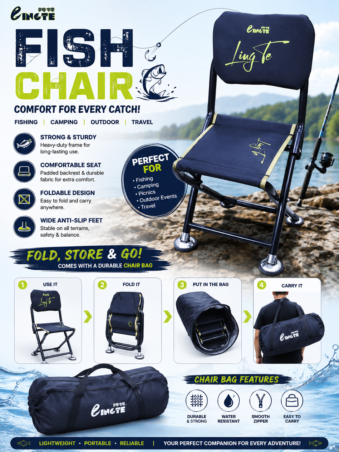LingTe Adjustable Folding Fishing Chair with Padded Backrest & Carry Bag