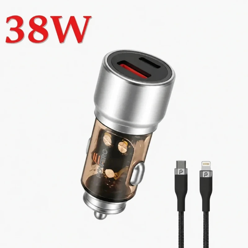شاحن السيارة Powero+ Crysta بمنفذين بقدرة 38W مع كابل Type-C إلى Lightning مضفّر - فضي