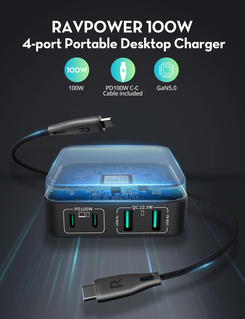 Ravpower RP-PC1042, 4-port Portable Desktop Charger, 100W, - Black