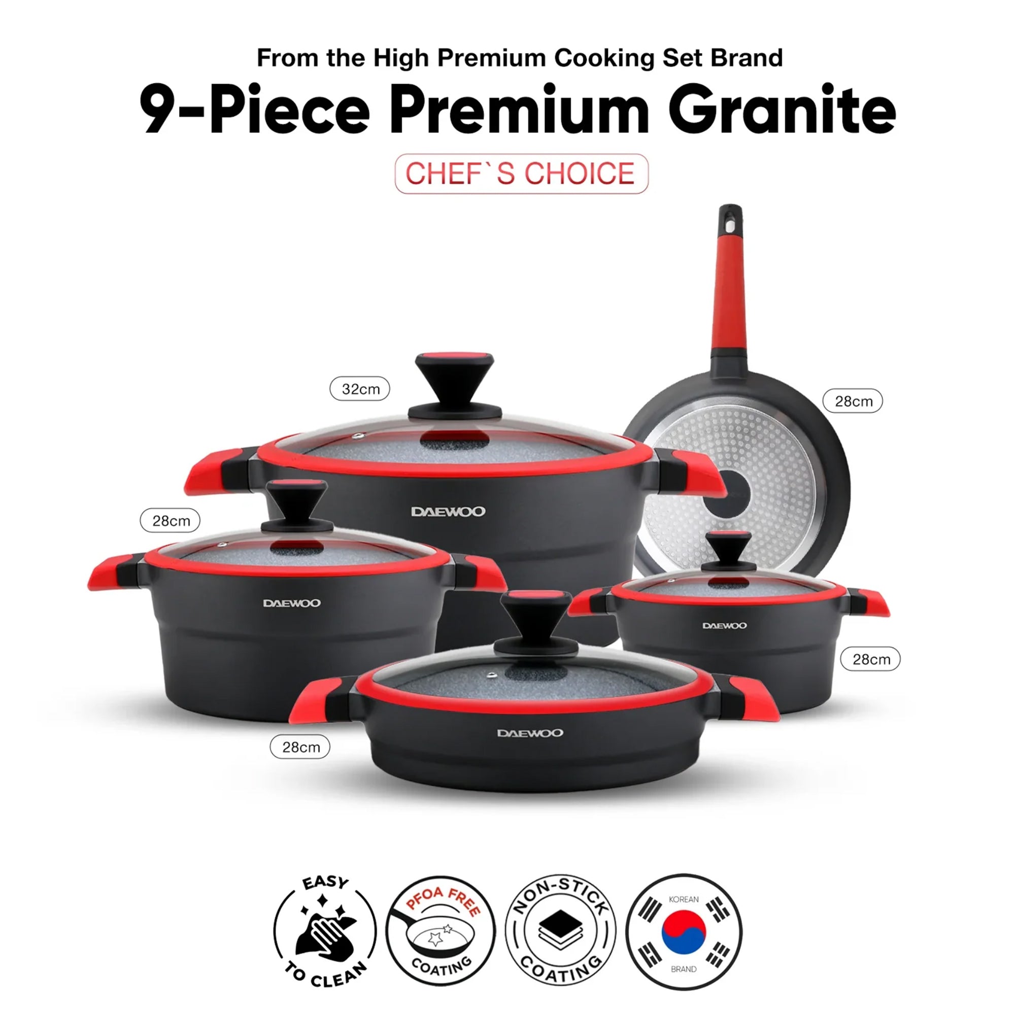 Daewoo X Series 9-Piece Granite Cooking Set - Black/Red
