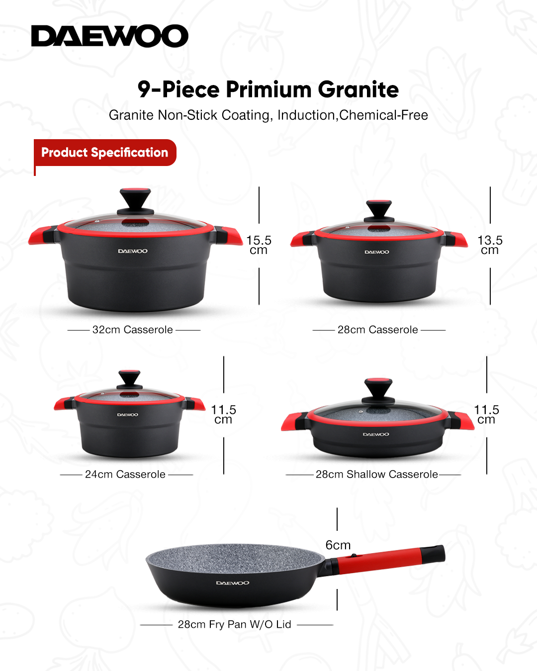 Daewoo 9-Piece Cookware Set – Die-Cast Aluminum, Granite Non-Stick Coating, Induction , Chemical-Free – 32cm, 28cm, 24cm Pots, 28cm Fry Pan with Removable Handle, Shallow Casserole, black & red, X series (pre - order)
