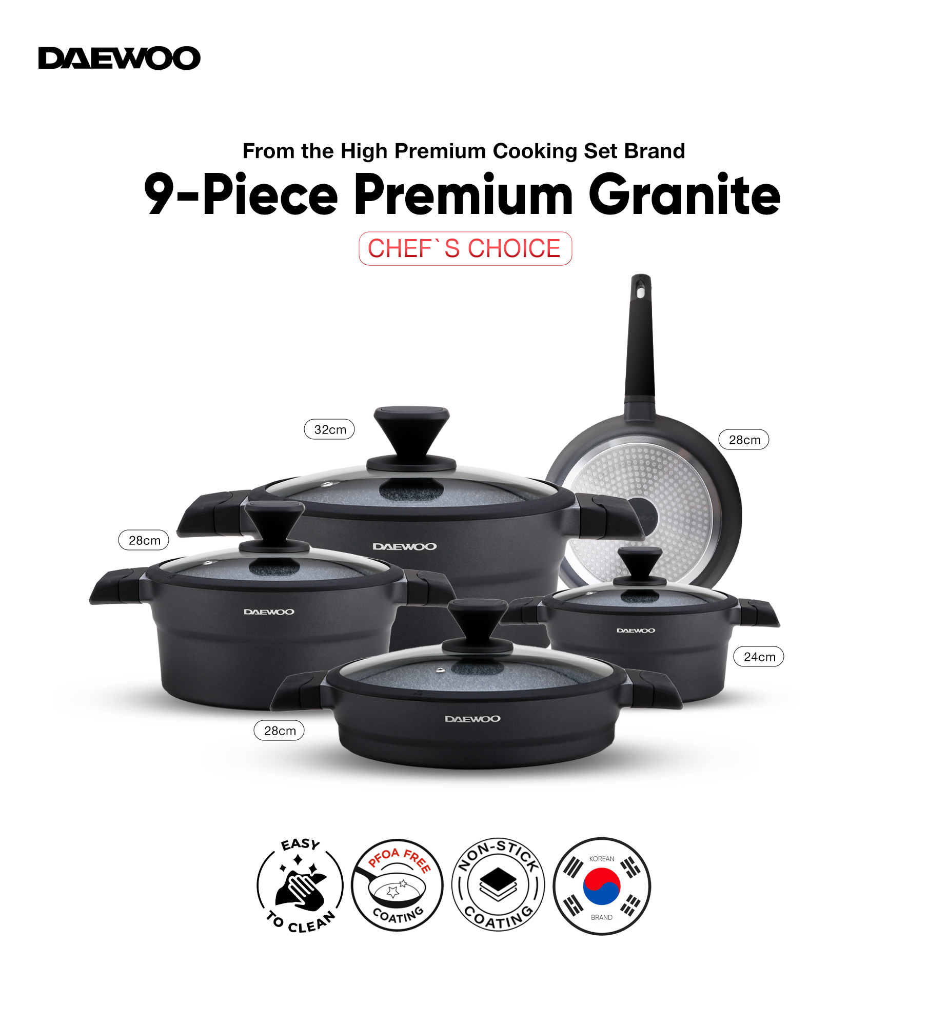 Daewoo 9-Piece Cookware Set – Die-Cast Aluminum, Granite Non-Stick Coating, Induction , Chemical Free – 32cm, 28cm, 24cm Pots, 28cm Fry Pan with Removable Handle, Shallow Casserole, black- gray (pre - order)