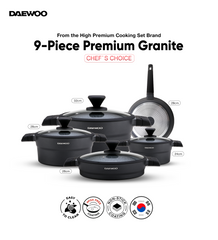 Daewoo 9-Piece Cookware Set – Die-Cast Aluminum, Granite Non-Stick Coating, Induction , Chemical Free – 32cm, 28cm, 24cm Pots, 28cm Fry Pan with Removable Handle, Shallow Casserole, black- gray (pre - order)