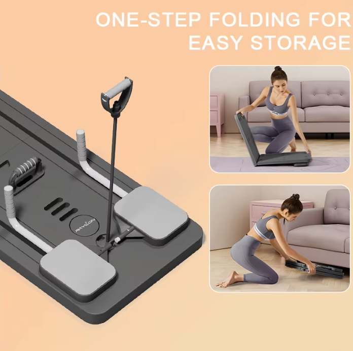 Black Bull Multi-Functional Foldable Pilates Reformer Abdominal Core Trainer with A B Roller Wheels for Workout Exercise