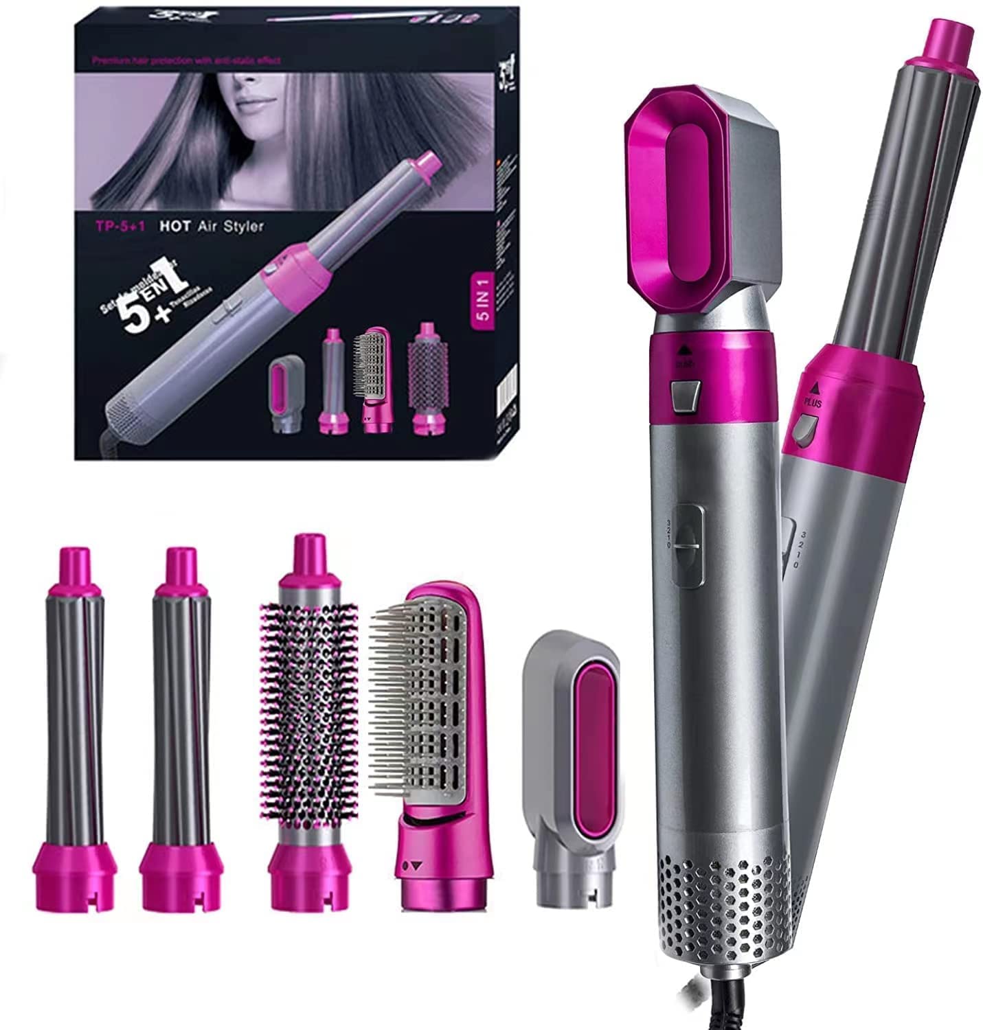 5 In 1 Hair Rotating Hair Dryer Hair Straightener Comb Curling Brush 5 interchangeable barrels