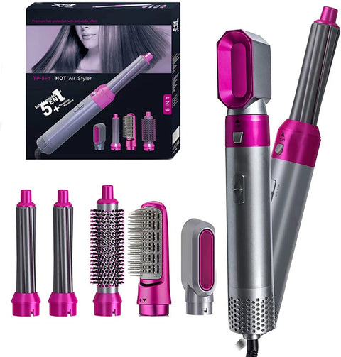 5 In 1 Hair Rotating Hair Dryer Hair Straightener Comb Curling Brush 5 interchangeable barrels