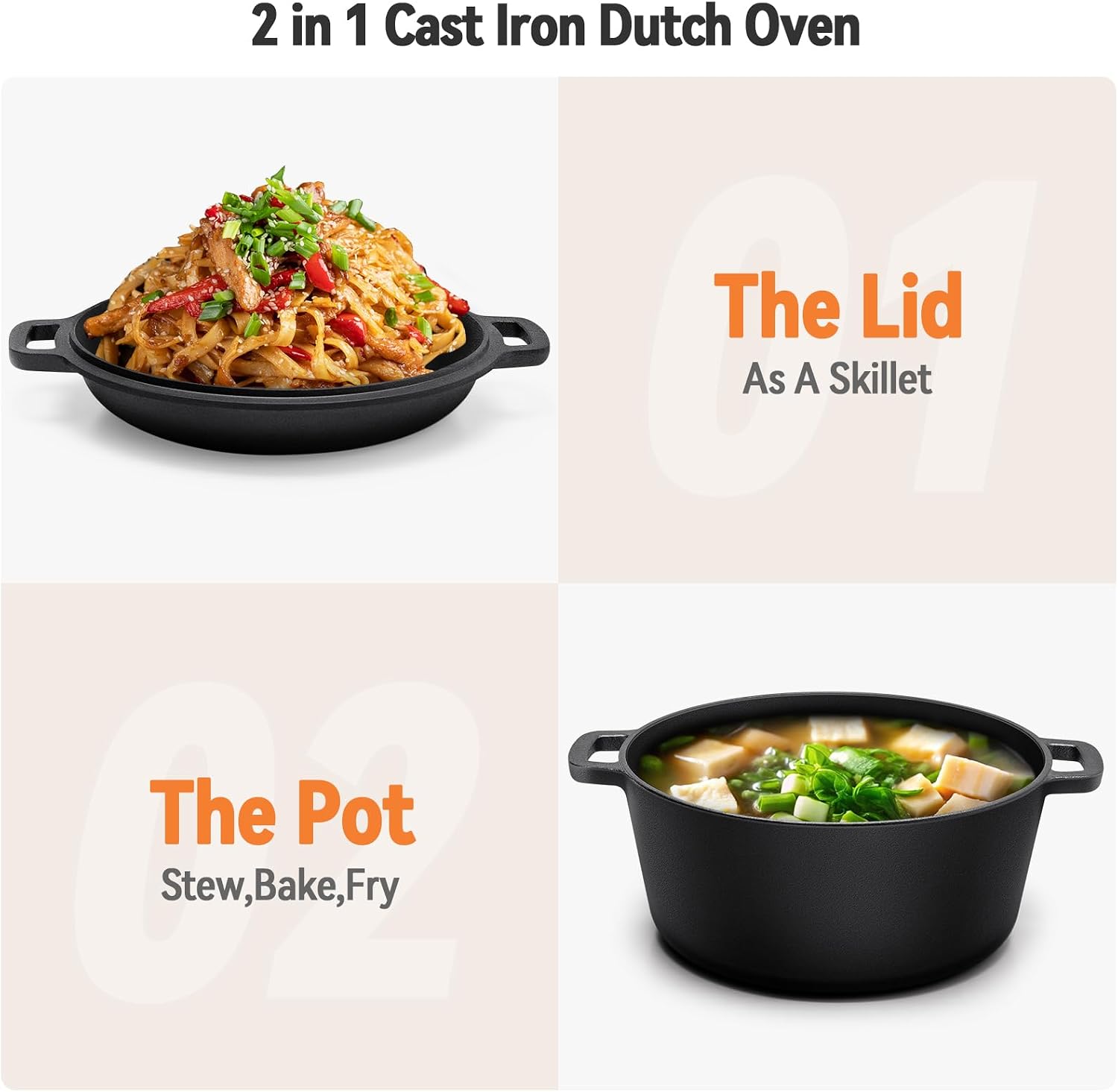 Westinghouse 5-Quart Pre-Seasoned Cast Iron Dutch Oven with 10.25-Inch Skillet Lid – Black