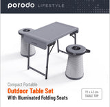 Porodo, Camping Foldable Desk and LED (White/Yellow) Stool Set