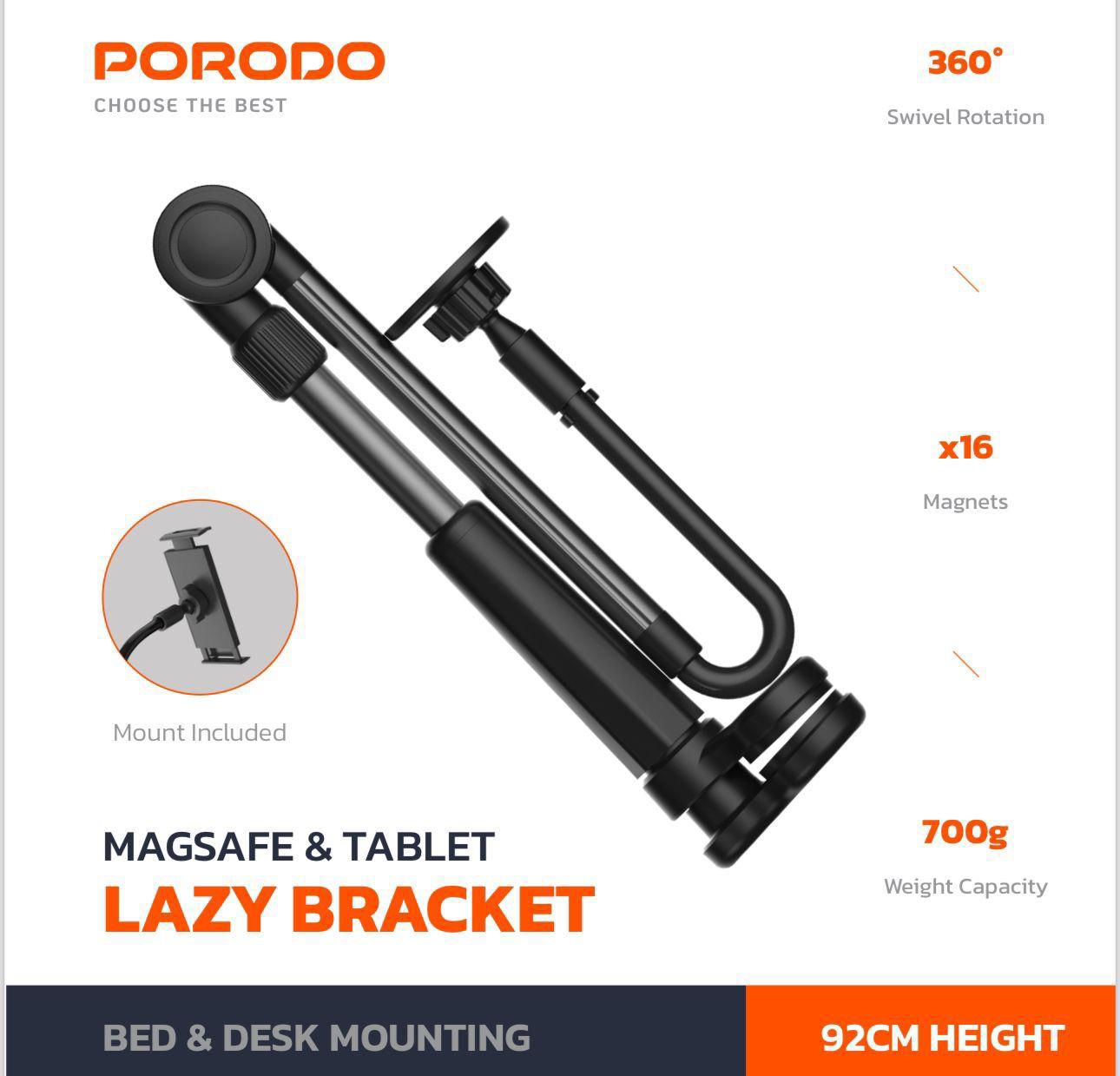 Porodo PD-LMGS92-BK, Lazy Man Stand with Magnetic Suction 92CM - Black