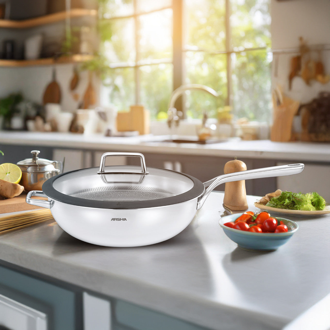 Arshia SS050-3168, 30cm 3-Ply Stainless Steel Non-Stick Wok Pan With Lid