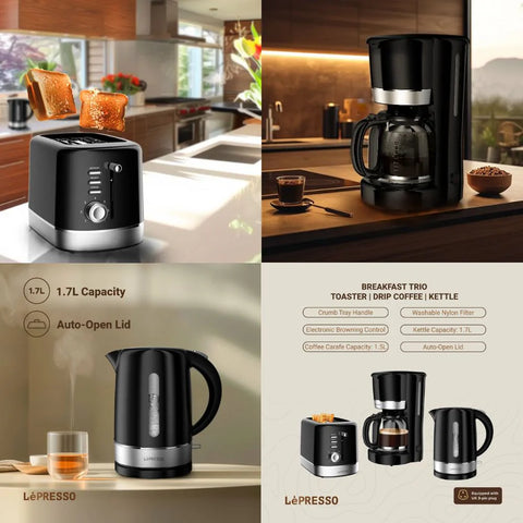 LePresso Breakfast Set Toaster, Kettle and Drip Coffee Maker - Black