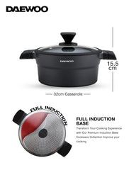 Daewoo 32cm Die-Cast Aluminum Pot, Non-Stick Granite Coating, Full Induction Base, Handle – Dual-Color Silicone Grip with Soft-Touch Bakelite Core , Silicone Utensils & Pot Protectors, black-gray, Chemical-Free