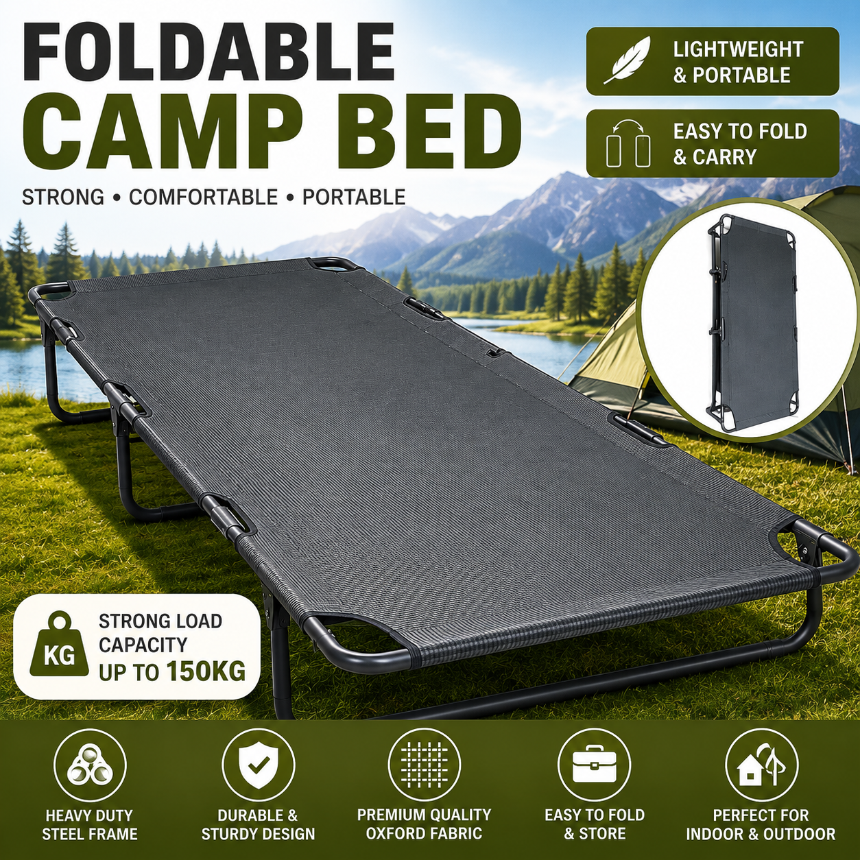 Heavy Duty Foldable Camping Bed 190 x 72 x 28 cm, with 150Kg Load Capacity