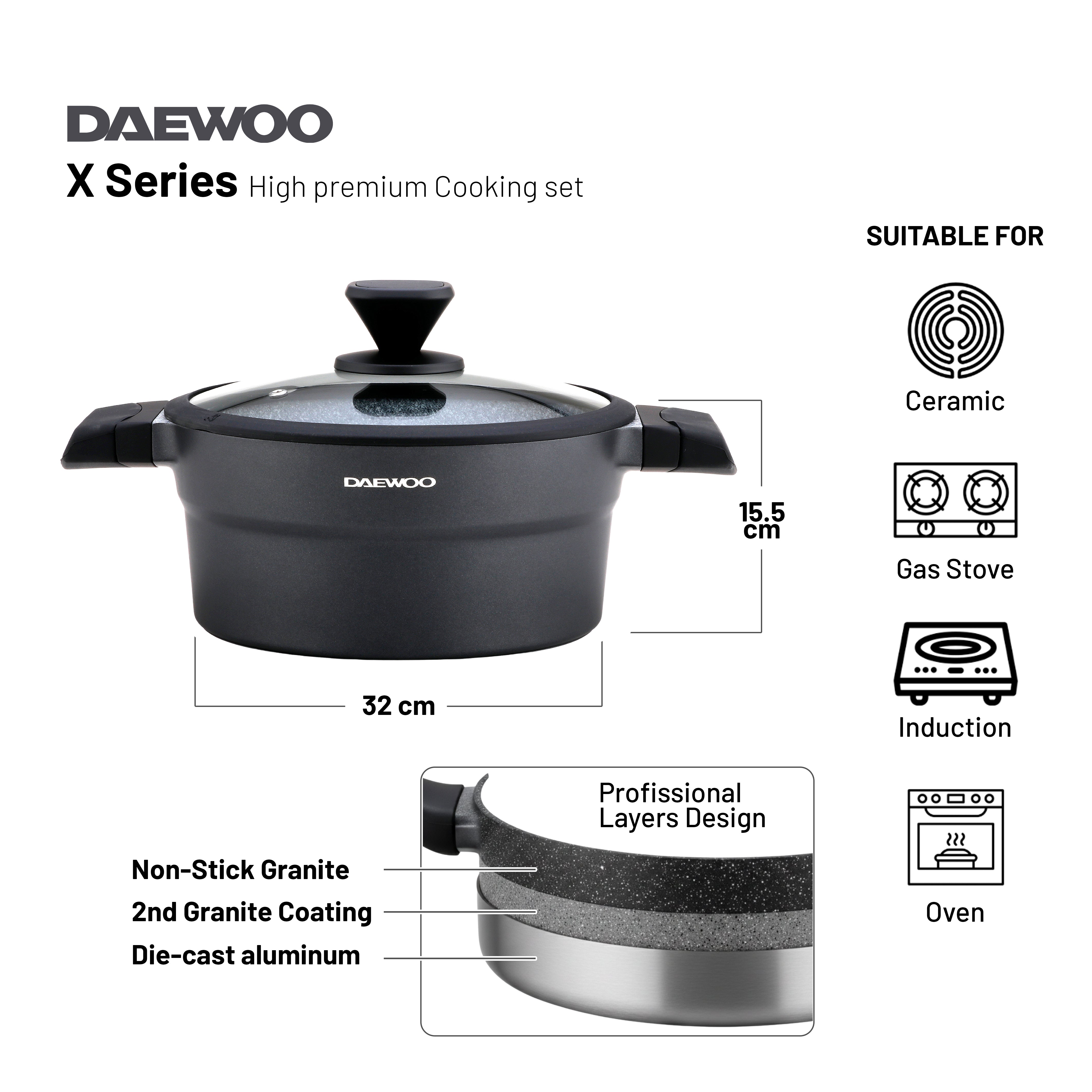 Daewoo Granite Casserole with Lid - 32 cm - Black