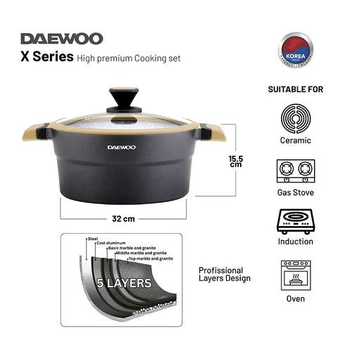 Daewoo Granite Casserole Pot with Lid Black & Brown (32, 28, 24 cm)