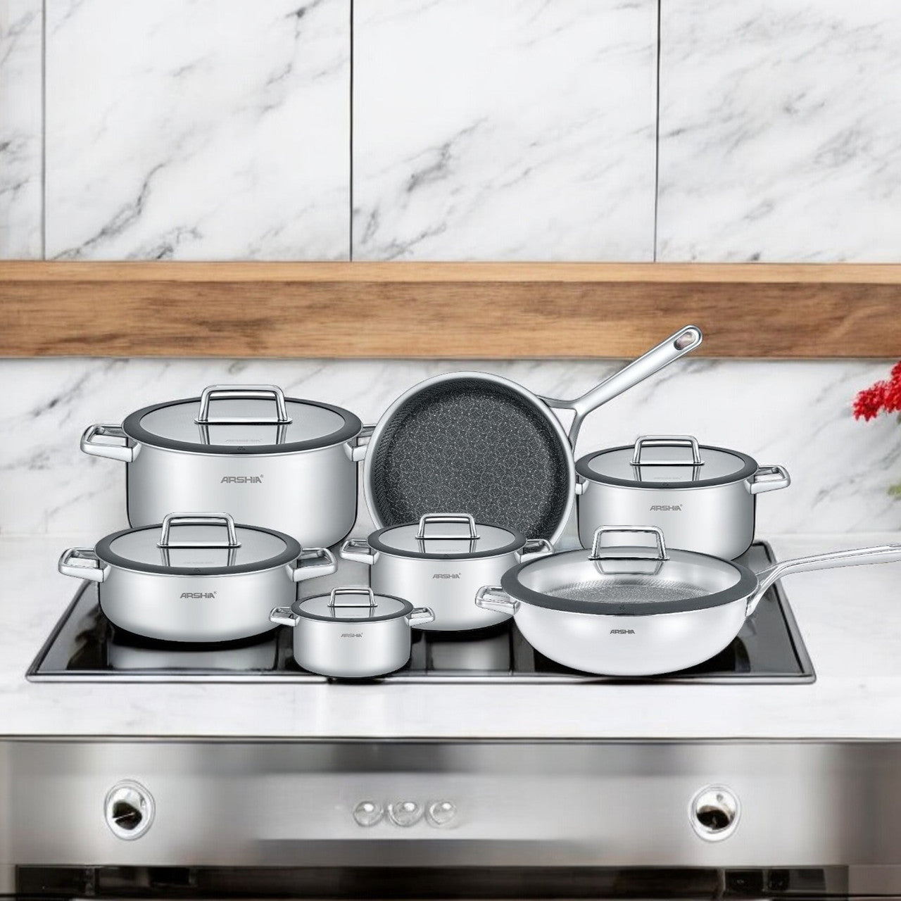 Arshia SS050-3343, 13-Piece Tri-Ply Stainless Steel Cookware Set