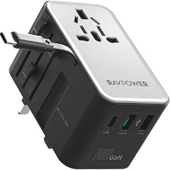 شاحن السفر RAVPower RP-PC1061 GaN ثلاثي المنافذ بقوة 70 وات مع كابل USB-C مدمج ومحول طاقة عالمي 