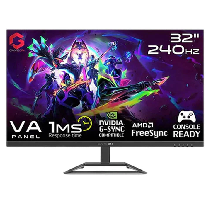 شاشة GAMEON 32 بوصة FHD، 240 هرتز، 1 مللي ثانية، VA مسطحة، متوافقة مع HDMI 2.1، شاشة ألعاب مع G-Sync وFree Sync - أسود
