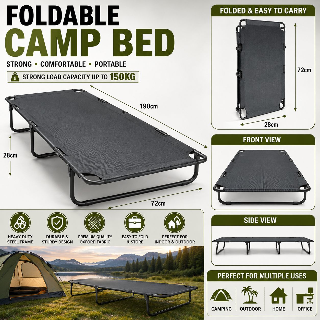 Heavy Duty Foldable Camping Bed 190 x 72 x 28 cm, with 150Kg Load Capacity