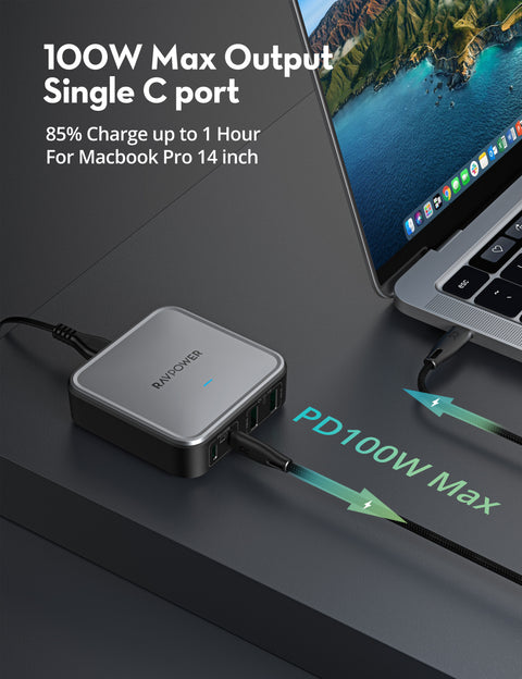 Ravpower RP-PC1042, 4-port Portable Desktop Charger, 100W, - Black