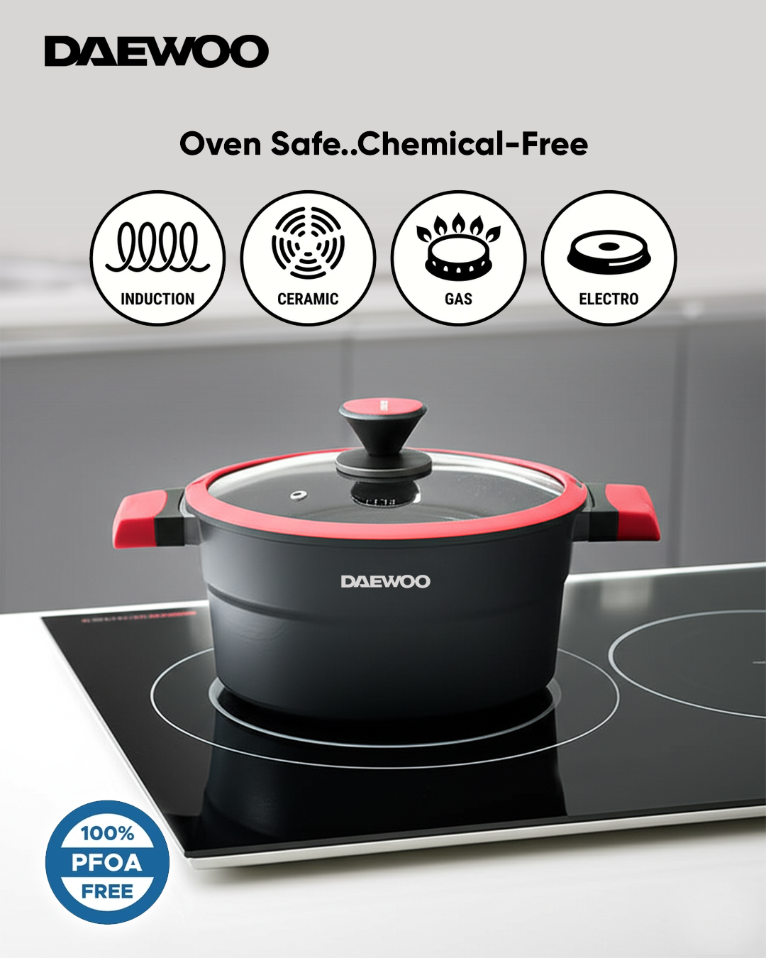 Daewoo 9-Piece Cookware Set – Die-Cast Aluminum, Granite Non-Stick Coating, Induction , Chemical-Free – 32cm, 28cm, 24cm Pots, 28cm Fry Pan with Removable Handle, Shallow Casserole, black & red, X series (pre - order)