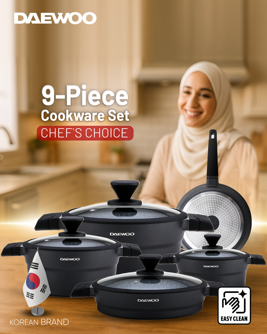 Daewoo 9-Piece Cookware Set – Die-Cast Aluminum, Granite Non-Stick Coating, Induction , Chemical Free – 32cm, 28cm, 24cm Pots, 28cm Fry Pan with Removable Handle, Shallow Casserole, black- gray (pre - order)