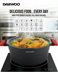 Daewoo 28cm Die-Cast Aluminum Pot, Non-Stick Granite Coating, Full Induction Base,  Handle – Dual-Color Silicone Grip with Soft-Touch Bakelite Core, Silicone Utensils & Pot Protectors, black-gray, Chemical-Free