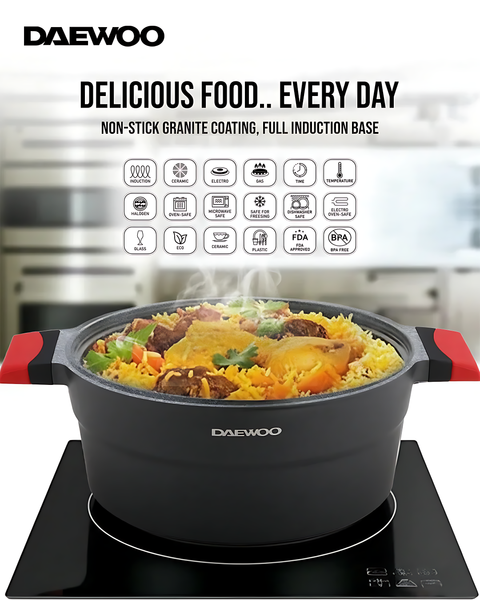 Daewoo 28 cm Shallow Granite Casserole with Lid - Black/Gray