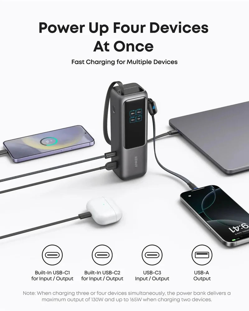 أنكر باور بانك للابتوب بسعة 25,000mAh وقدرة 165 واط، مع كابلات مدمجة قابلة للسحب – أسود