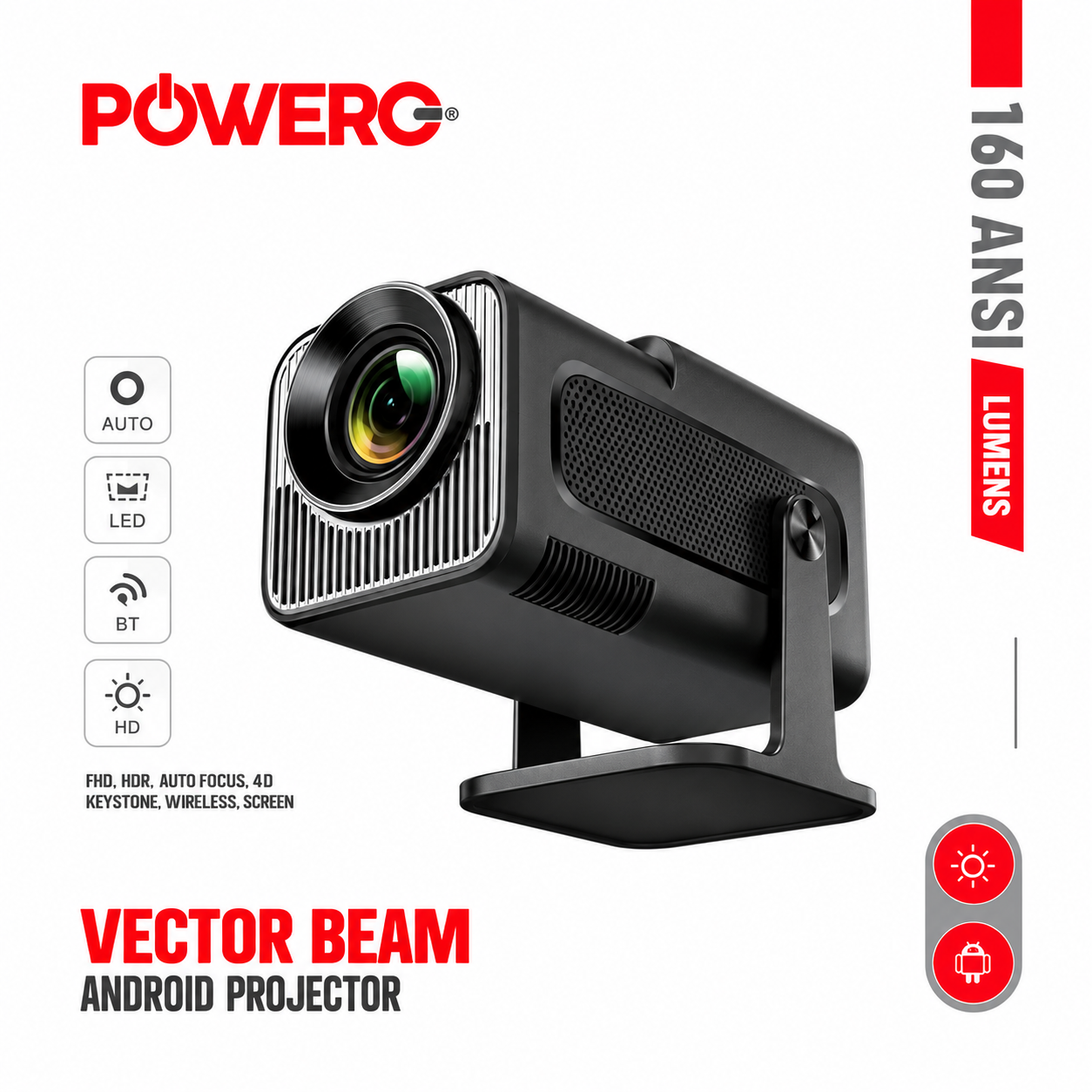 جهاز العرض PowerO+ Vector Beam بنظام Android وبسطوع 160 ANSI lumens - أسود