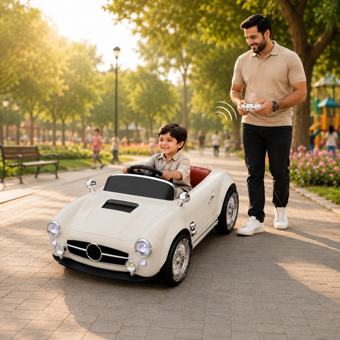 Premium 12V RC Kids Electric Ride-On Retro Car with Parent Remote Control, Music System, LED Lights, Soft Start, USB/AUX, Rechargeable Battery, 30Kg Load Capacity for Ages 3–8