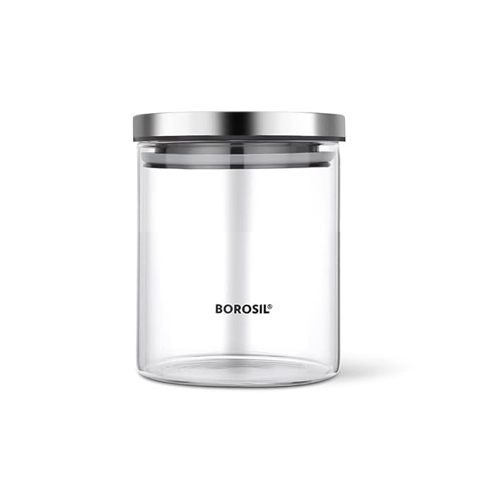 برطمان Borosil Classic لحفظ الطعام من زجاج البوروسيليكات مع غطاء من الستانلس ستيل، آمن للميكروويف والفرن والفريزر