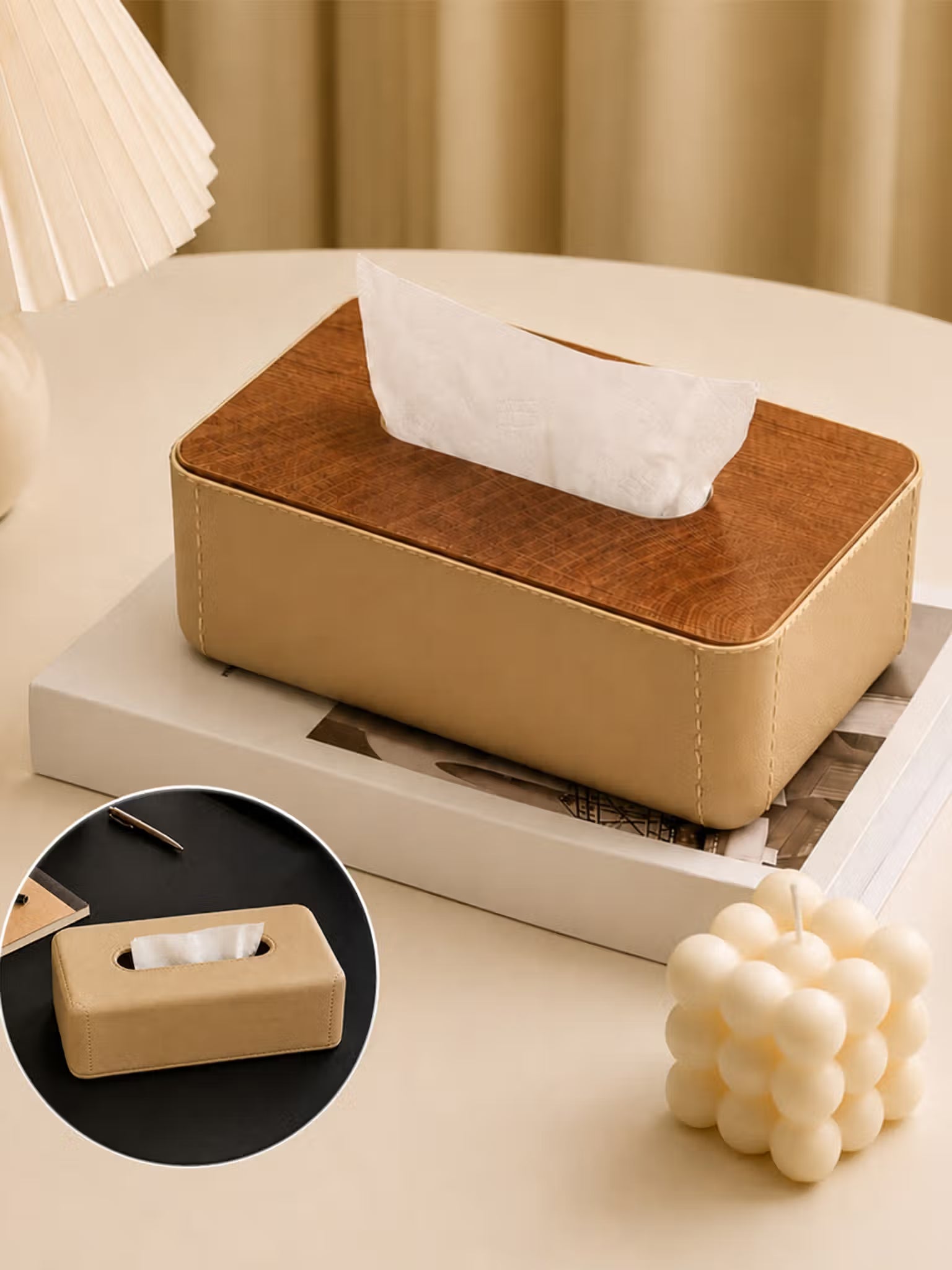 Reversible Tissue Box Holder with Wood & Leather Finish | K2850