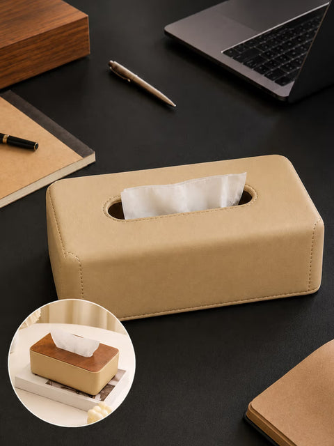 Reversible Tissue Box Holder with Wood & Leather Finish | K2850