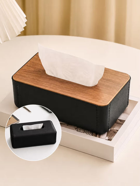 Reversible Tissue Box Holder with Wood & Leather Finish | K2850