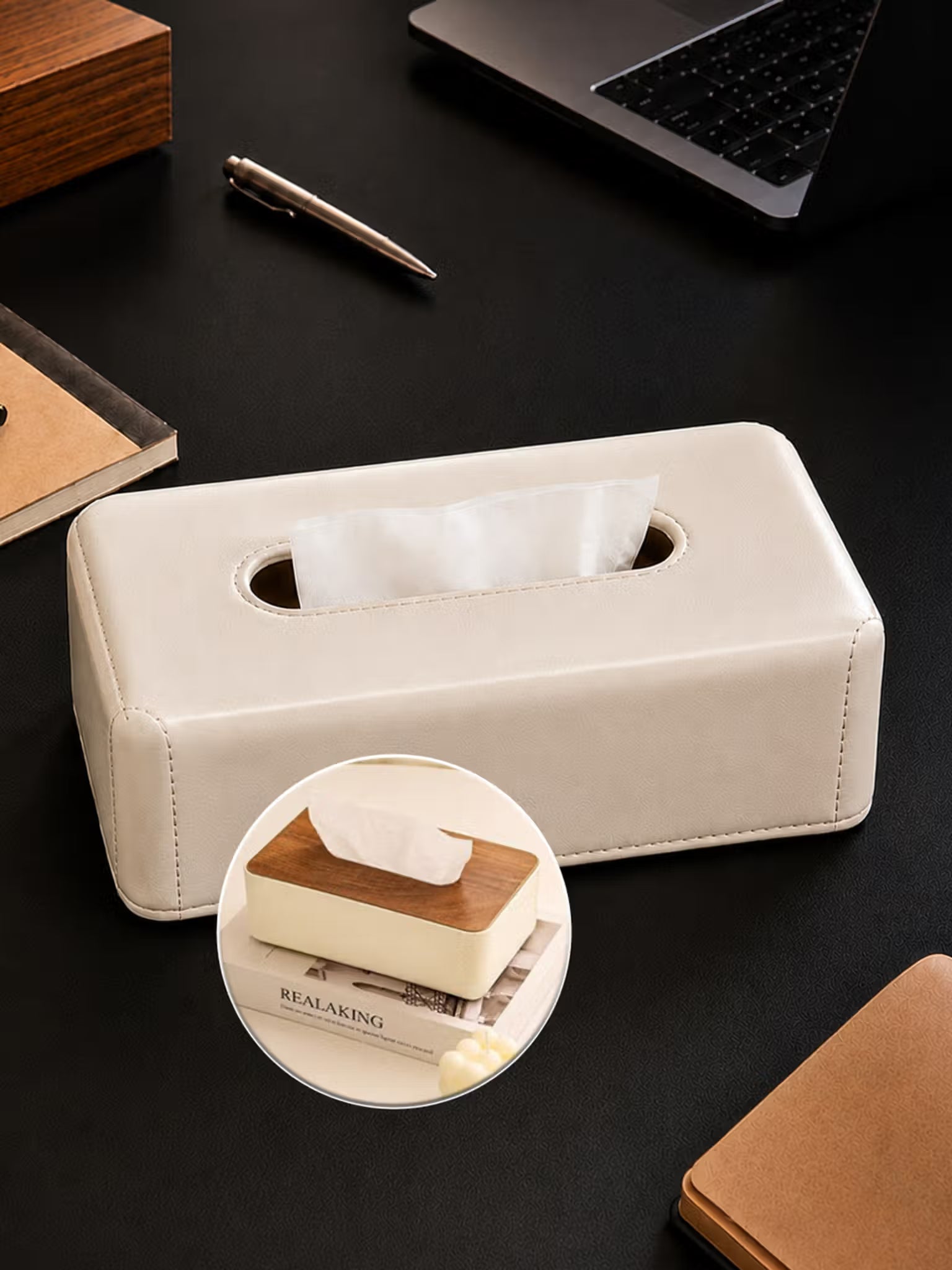 Reversible Tissue Box Holder with Wood & Leather Finish | K2850