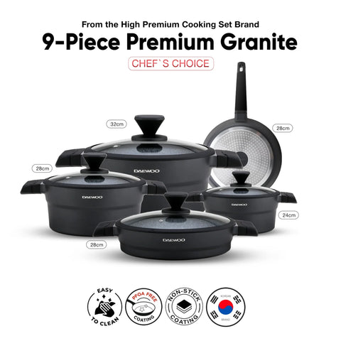 Daewoo X Series Non-Stick Granite Coating Cookware Set Of 9 - Black