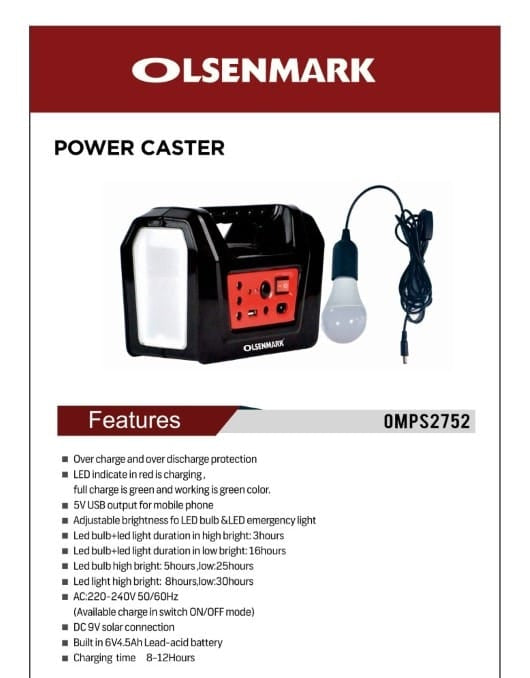 Olsenmark Power Caster - One Led Bulb - 6V, 4.5Ah Lead Acid Battery - 5V USB Output - Dc 9V Solar
