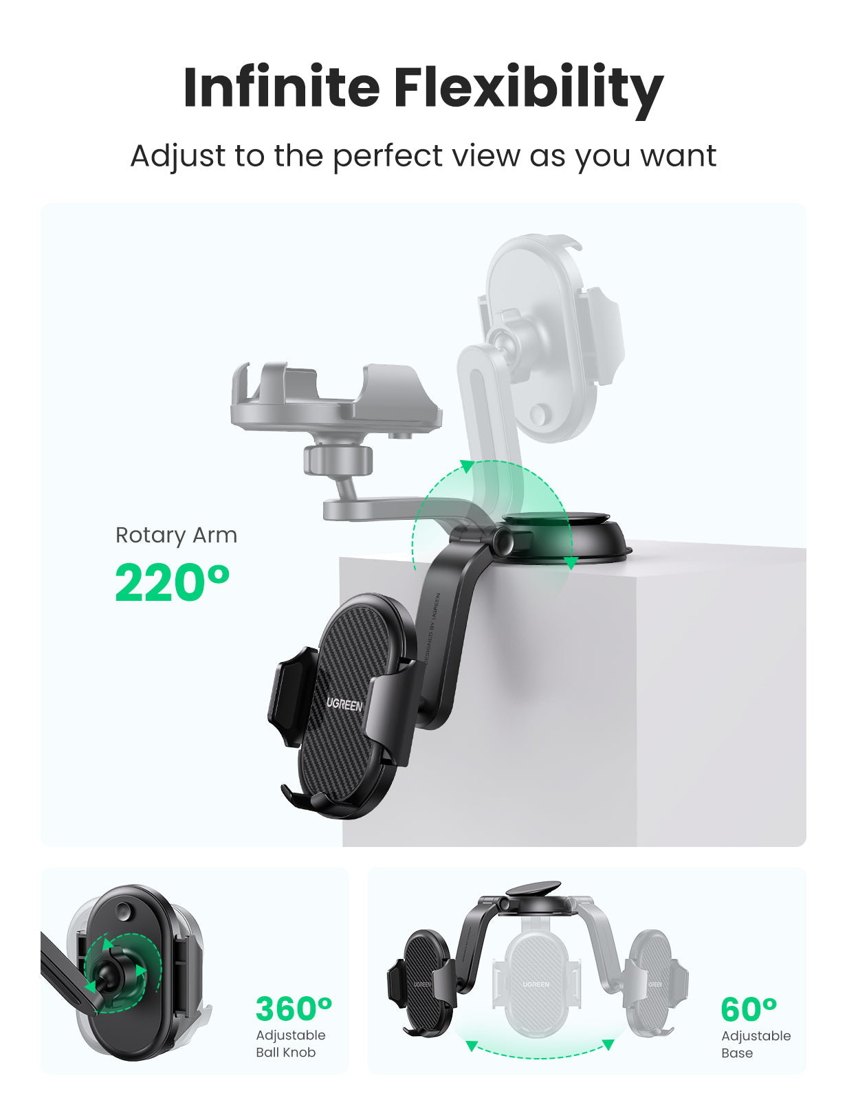UGREEN LP405, Waterfall-Shaped Suction Cup Phone Mount - Black
