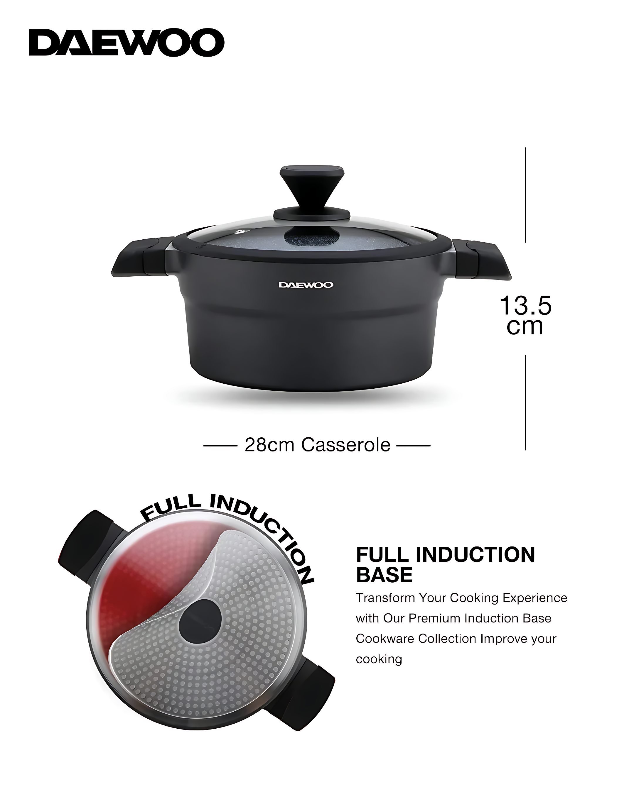 Daewoo Granite Casserole with Lid - 24 cm - Black