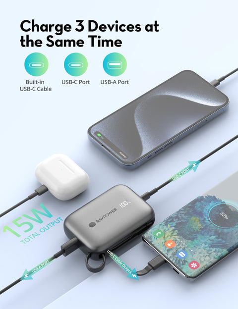 RAVPower RP-PB1224, 3-Port Power Bank, 10000mAh, PD20W - Black