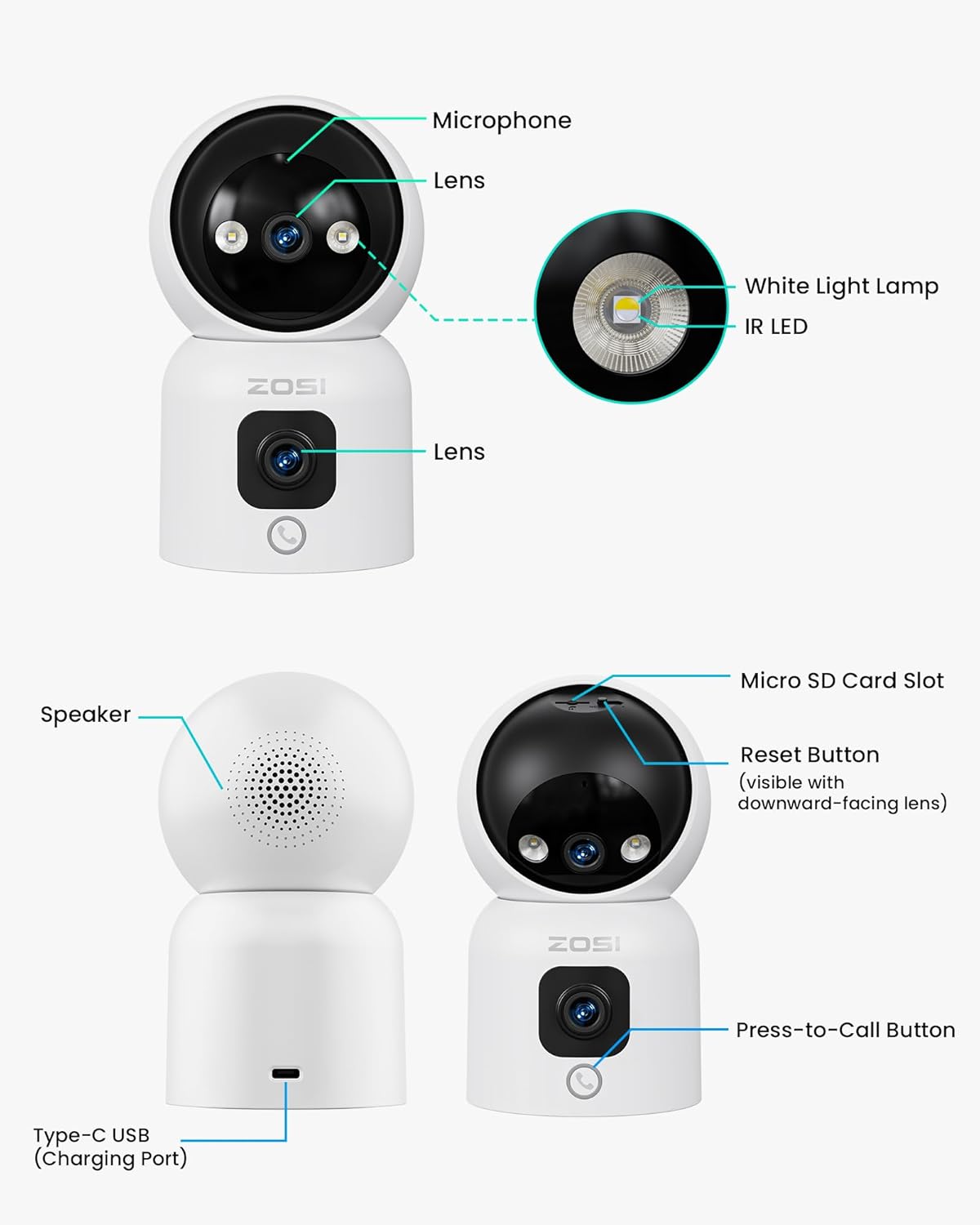 ZOSI INDOOR PT CAMERA WITH DUAL LENS 2MP+2MP